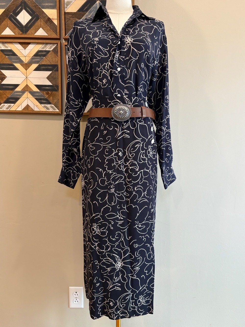 Vintage Ralph Lauren 90s Silk Navy Floral Blouse and Long Skirt Set size 8 / 10
